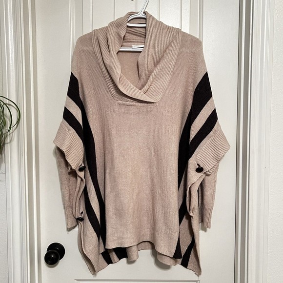 RD Style Tan Black Button Side Calandri Poncho Sweater Long Sleeve Cowl Neck Sm - Picture 2 of 14